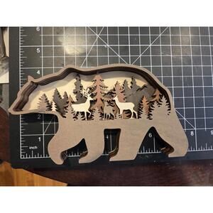 8x4 inch Wooden Bear and Forest Scene Layered Shadow Box